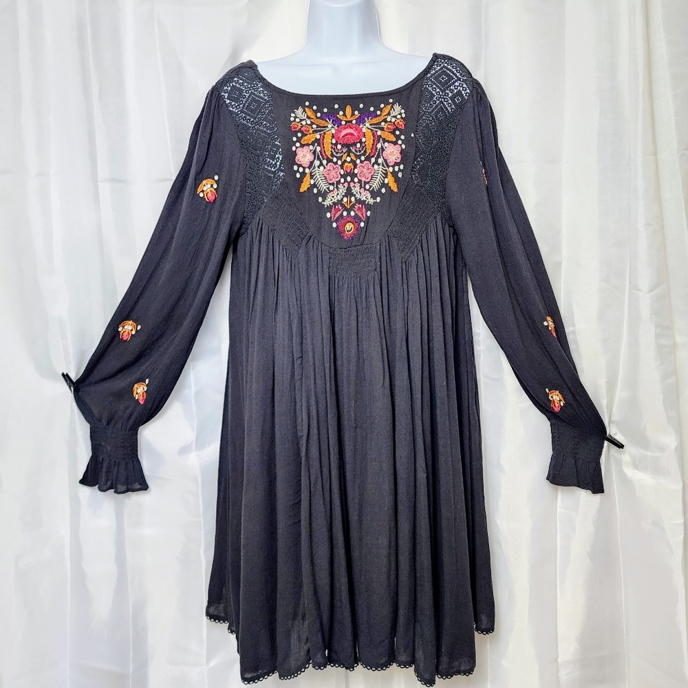 Free People Mohave Mini Dress Embroidered Floral Black Long Sleeve Sz S Boho